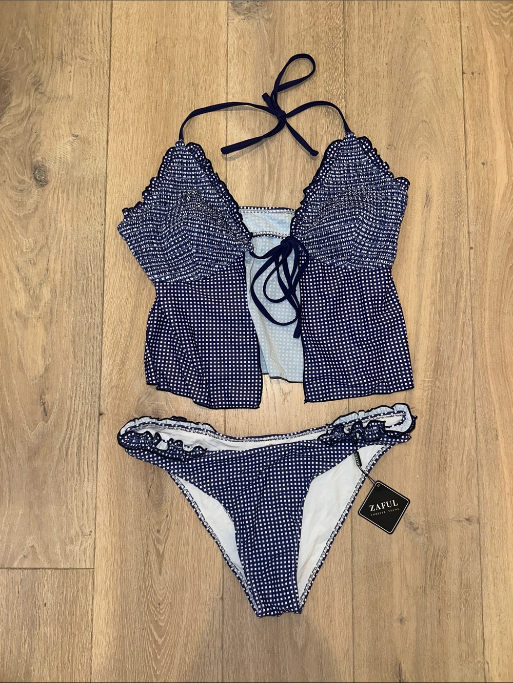 Zaful Navy Gingham Tie-Front Tankini Bikini Set
